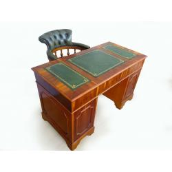 Yew Wood New Leather Top Pedestal Writing Partners Desk+Yew Captains Chair