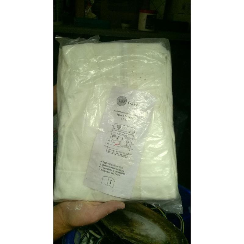 10 white protective clothing suits.