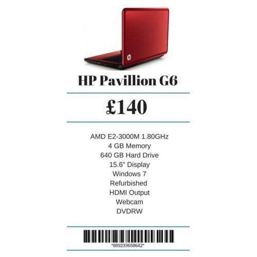 Refurbished HP Pavillion G6 AMD E2-3000M 1.80GHz 4 GB Memory 640 GB Hard Drive 15.6" Display