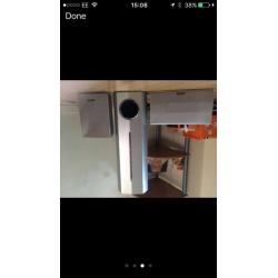 Silver pioneer surround sound system with subwoofer.