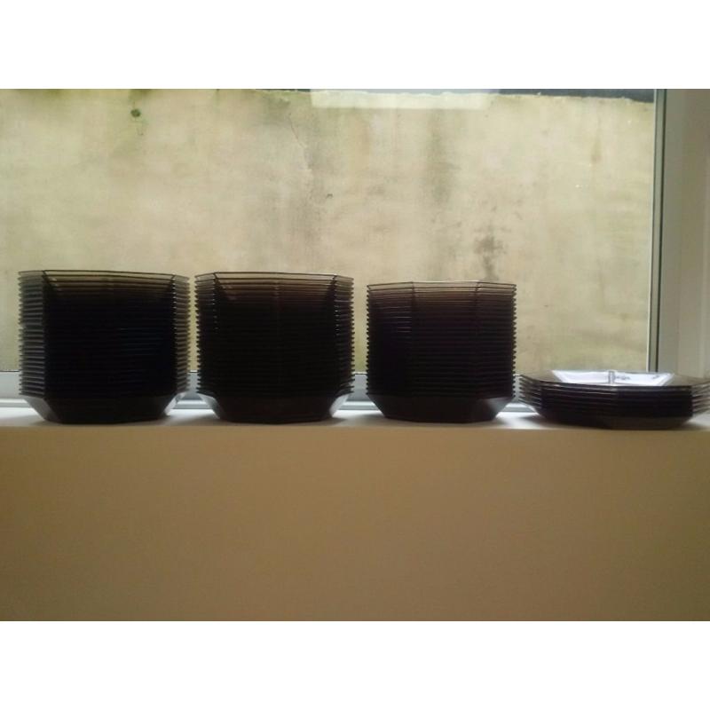 Selection of Brown Clear and Black Glass Octagon Shape Plates and Bowls - Offers Welcome