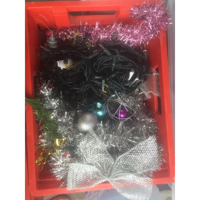 Christmas decorations, cards, tinsel, candles, fairy lights