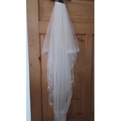 Size 12-14 Sweetheart neckline corset style champagne coloured with beaded & boned bodice & veil
