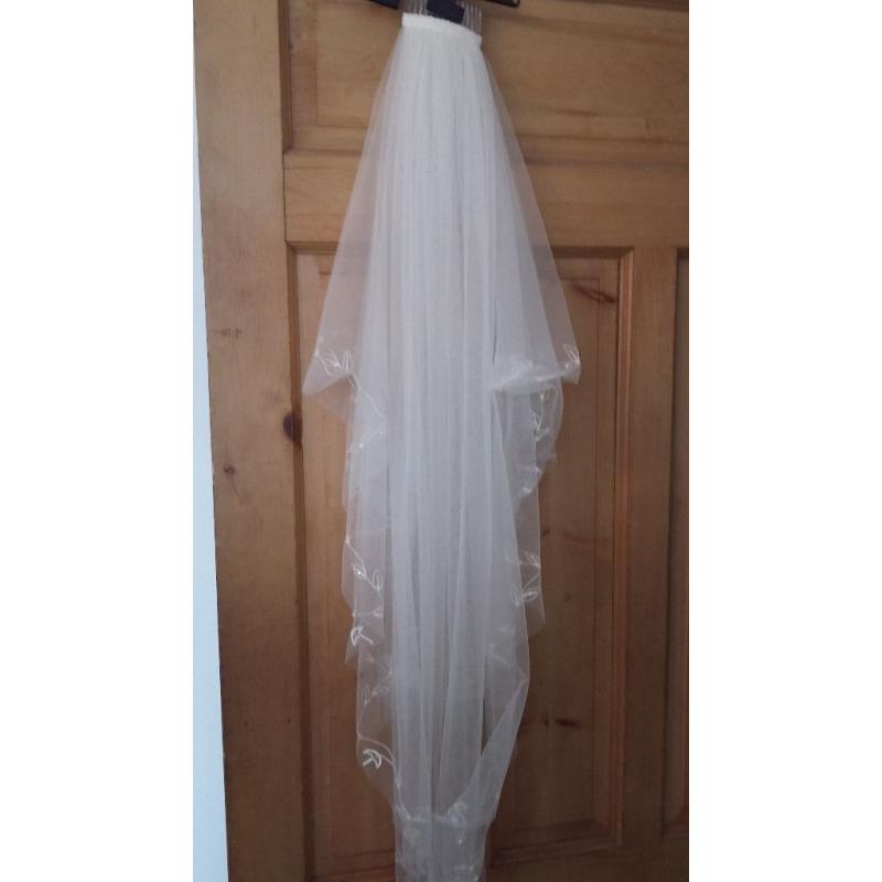Size 12-14 Sweetheart neckline corset style champagne coloured with beaded & boned bodice & veil