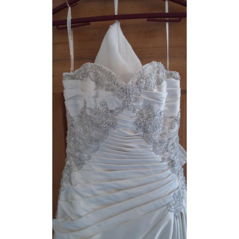 Size 12-14 Sweetheart neckline corset style champagne coloured with beaded & boned bodice & veil