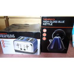 Brand New in Boxes High Gloss Blue Sainsbury's Kettle and Matching 4 slot Toaster