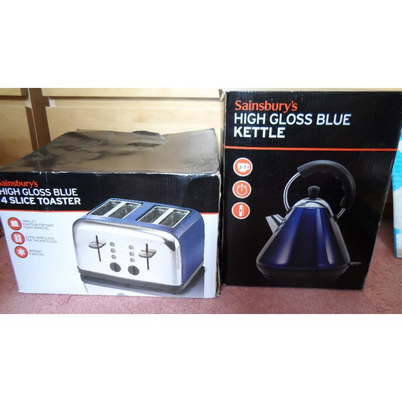Brand New in Boxes High Gloss Blue Sainsbury's Kettle and Matching 4 slot Toaster