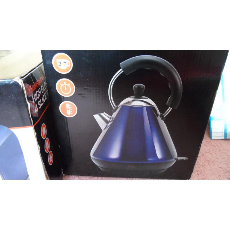 Brand New in Boxes High Gloss Blue Sainsbury's Kettle and Matching 4 slot Toaster