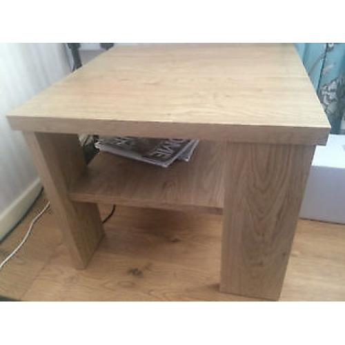 Table....side/end oak effect table/storage wicker shelf underneath , excellent condition....