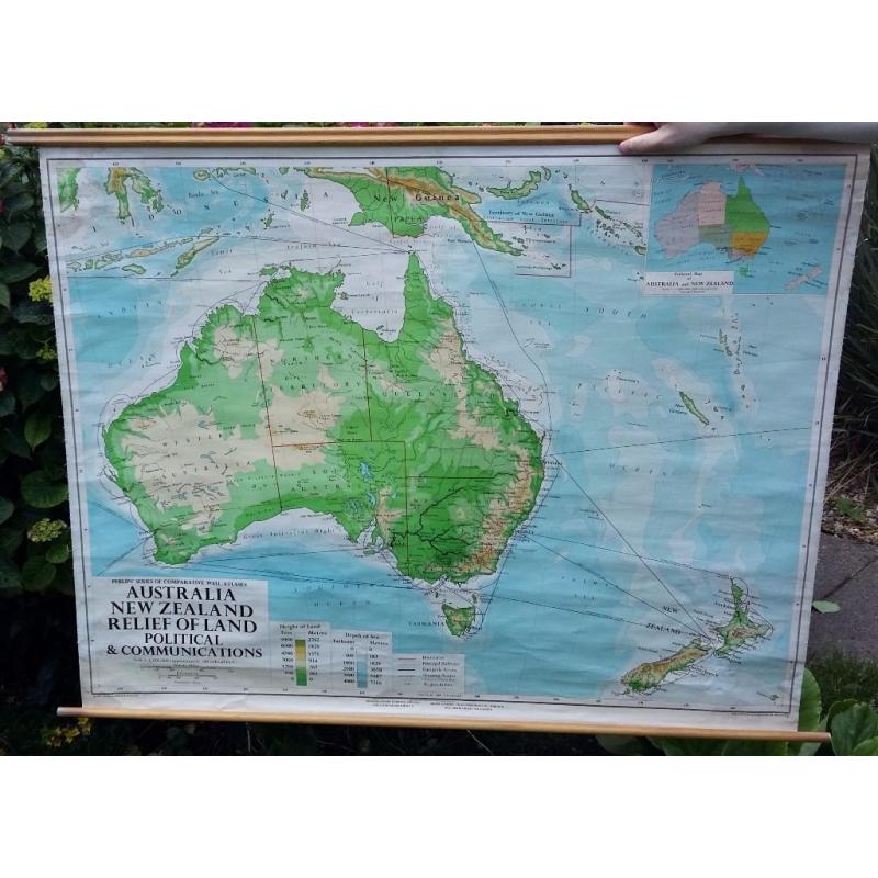 ORIGINAL LARGE VINTAGE SCHOOL MAP AUSTRALIA 1967 *EXCELLENT BRIGHT COLOURS*