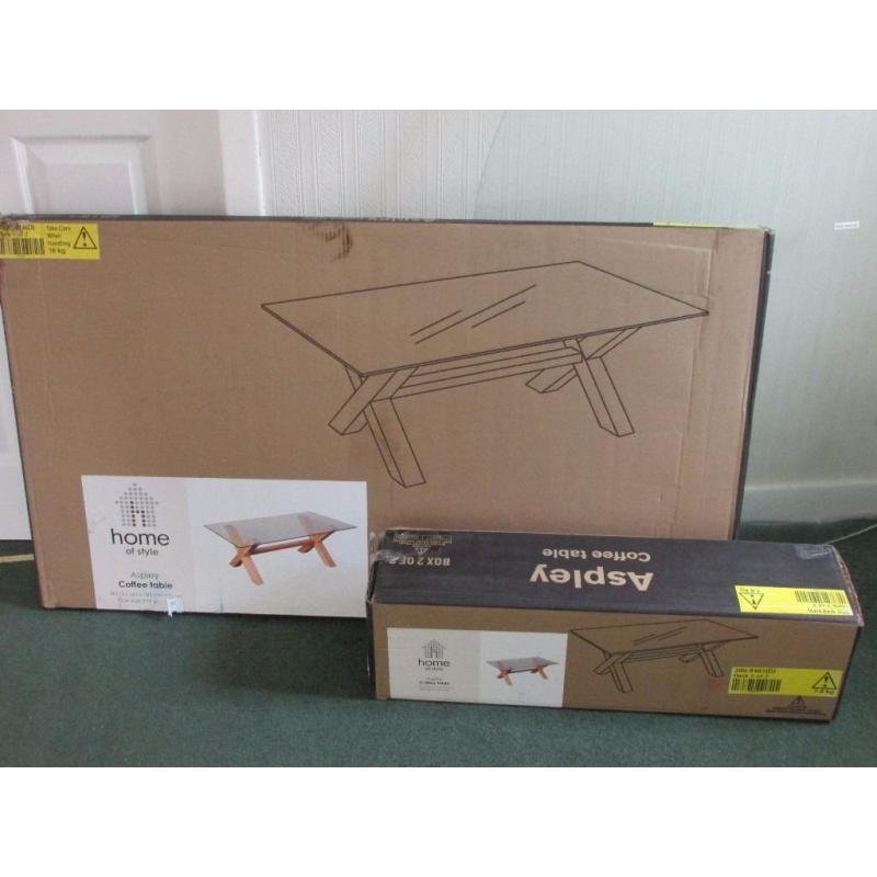 Aspley coffee table - Crossed oak legs with glass top. BNIB