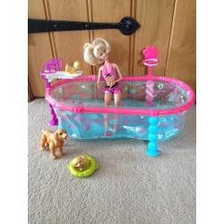 Barbie items: House, Cruise Ship, Mini Cooper, Tawny Trotting Horse, Puppy Swim School