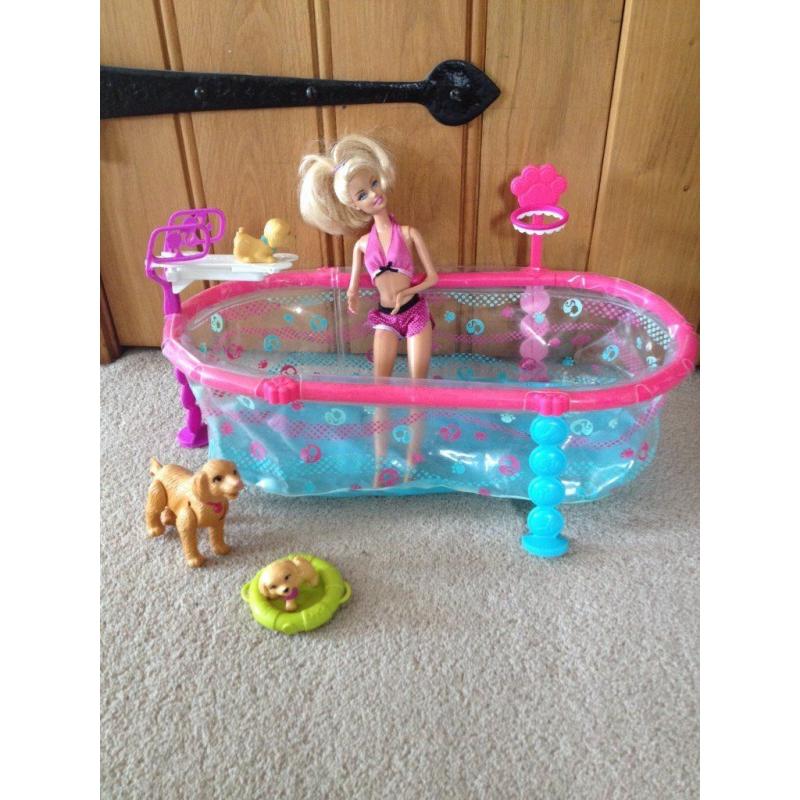 Barbie items: House, Cruise Ship, Mini Cooper, Tawny Trotting Horse, Puppy Swim School