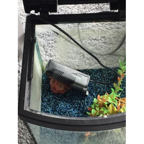 Fish tank, pump and pebbles.