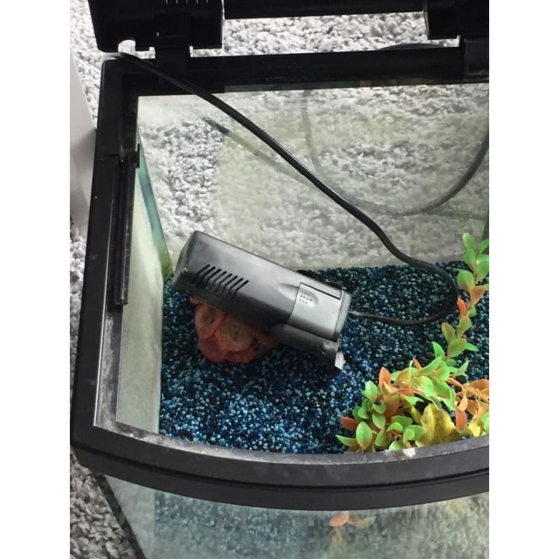 Fish tank, pump and pebbles.