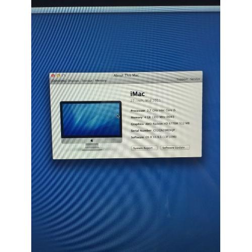 27-Inch Apple iMAC, Mid 2011, 2.7 GHz Intel Core i5, 4GB 1333 MHz DDR3 AMD Radeon HD 6770M 512MB