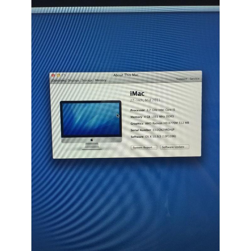 27-Inch Apple iMAC, Mid 2011, 2.7 GHz Intel Core i5, 4GB 1333 MHz DDR3 AMD Radeon HD 6770M 512MB