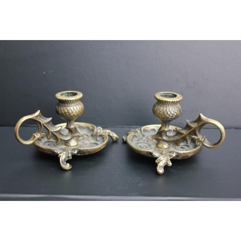Pair of Vintage Solid Brass Candle Holders Thistle Design Ornate Scottish Unusual Candle Stick