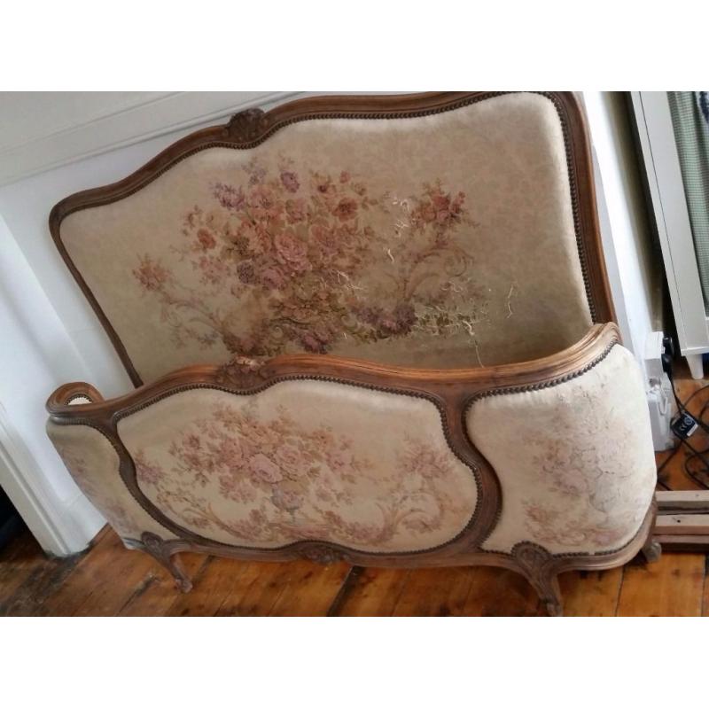 French Corbielle Walnut and Embroidered Double Bed Frame