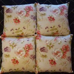4 Large Cushions. 55cm Square. Flowers, bird, beige, red roses, green.