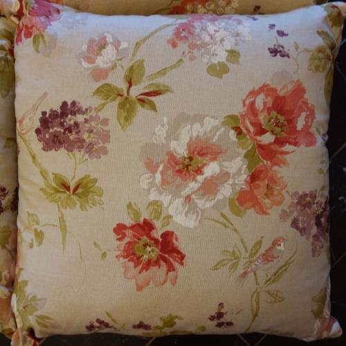4 Large Cushions. 55cm Square. Flowers, bird, beige, red roses, green.