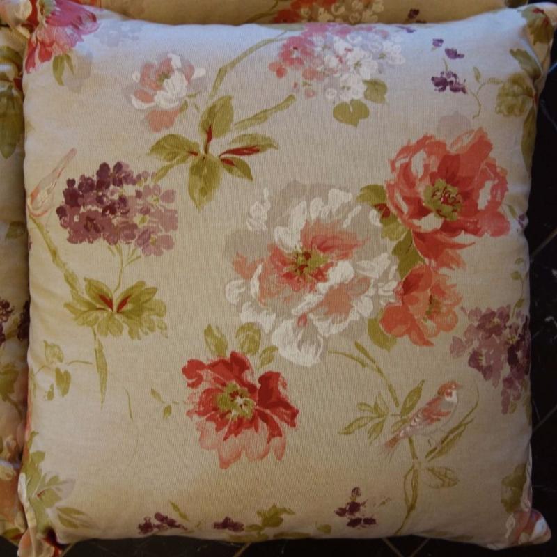 4 Large Cushions. 55cm Square. Flowers, bird, beige, red roses, green.