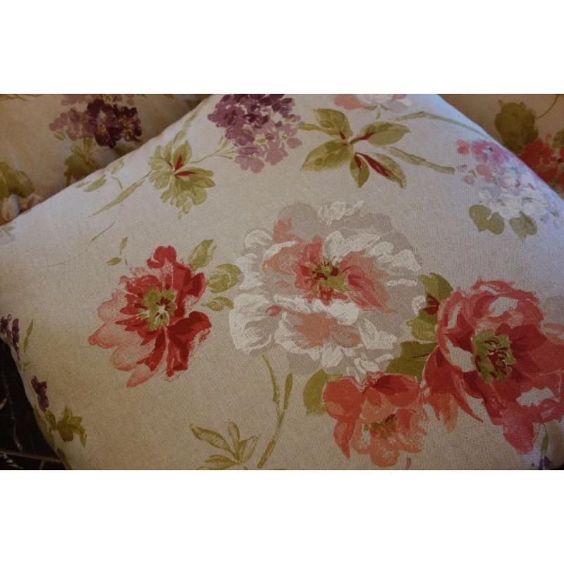 4 Large Cushions. 55cm Square. Flowers, bird, beige, red roses, green.