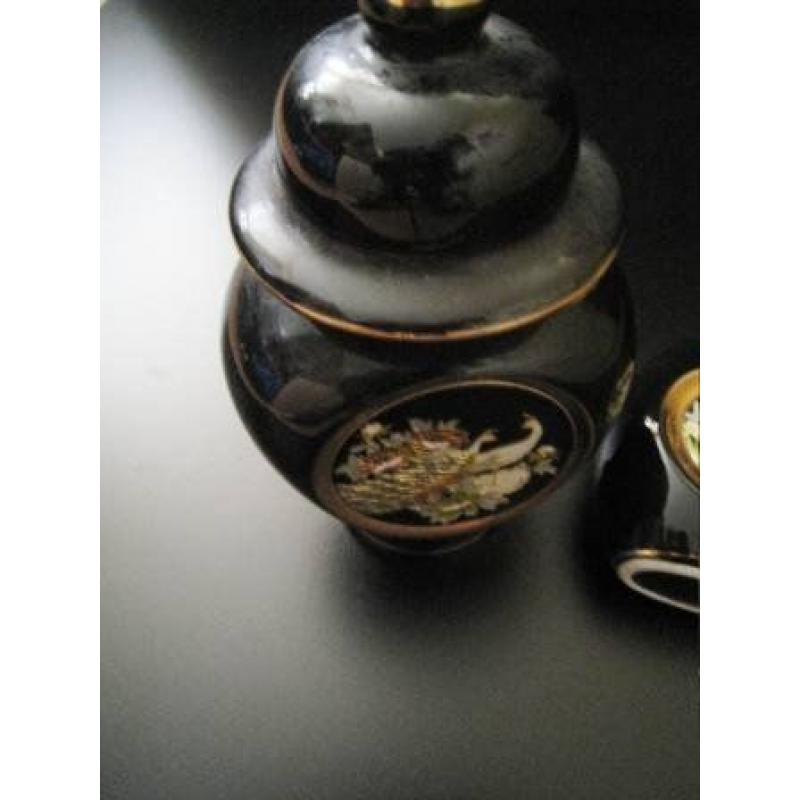 2 Black 24 Karat Gold The Art of Chokin Vase Jar Pot with Lid - Made in Japan - 20 pounds