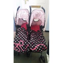 Cossatto double buggy complete with matching cosi toes