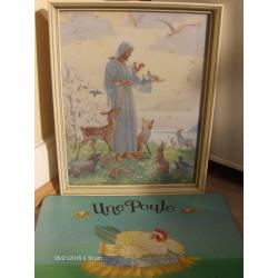 small vintage wall picture , Jesus and Animal with deer fox and birds