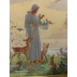 small vintage wall picture , Jesus and Animal with deer fox and birds