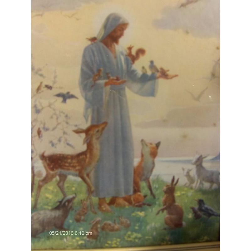 small vintage wall picture , Jesus and Animal with deer fox and birds