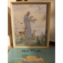 small vintage wall picture , Jesus and Animal with deer fox and birds