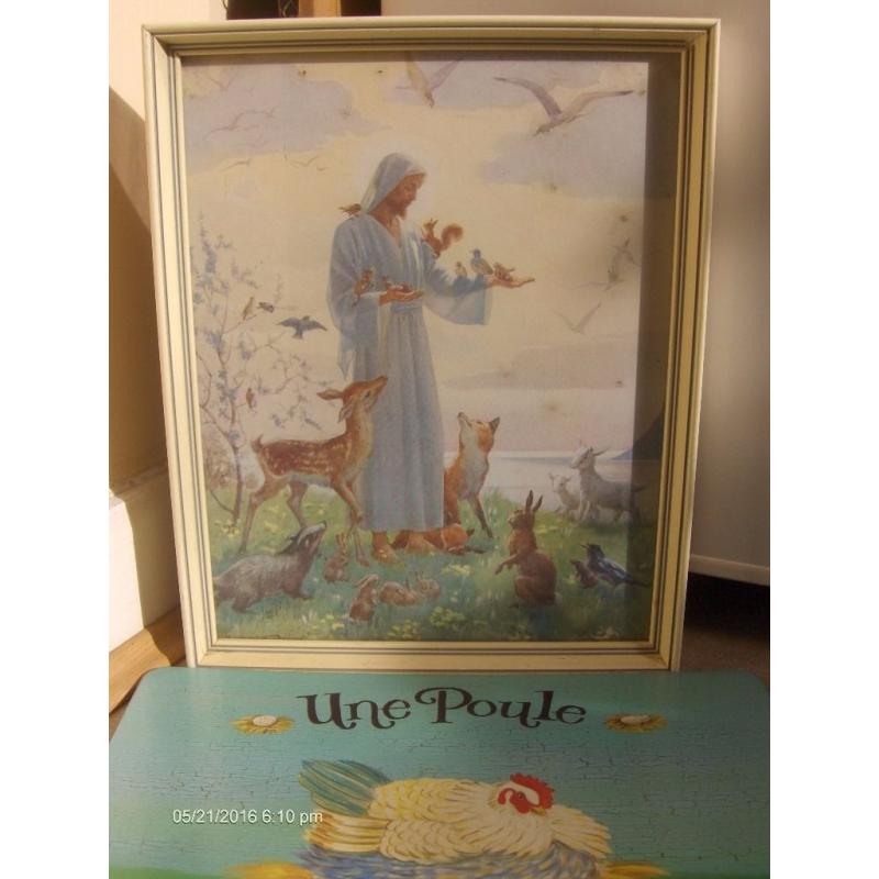 small vintage wall picture , Jesus and Animal with deer fox and birds