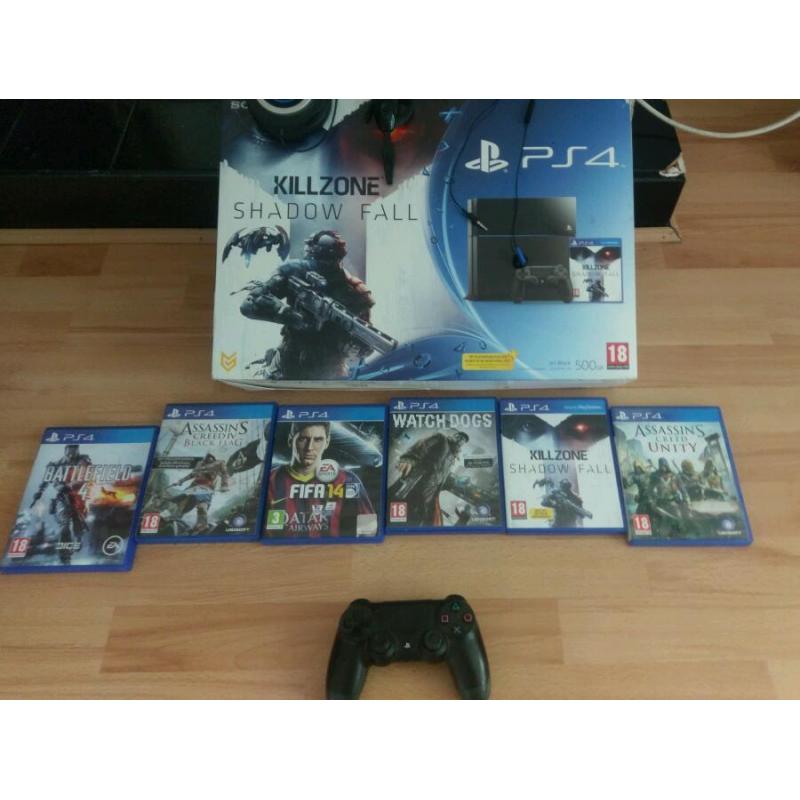PlayStation 4 + 6 games, controller and headsets