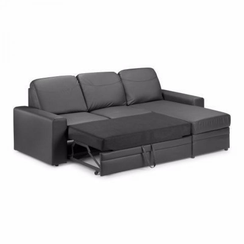 Dark chocolate brown leather corner sofa bed with storage