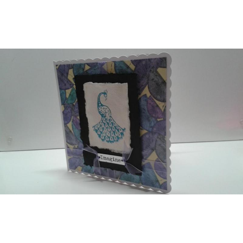 handmade Peacock greeting card (using hand carved Indian wooden block) on recycled cotton rag paper