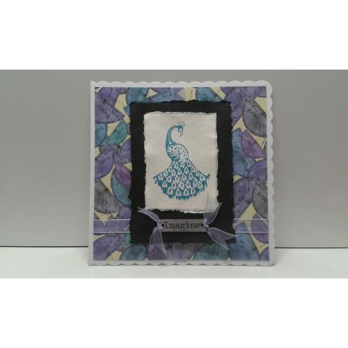 handmade Peacock greeting card (using hand carved Indian wooden block) on recycled cotton rag paper