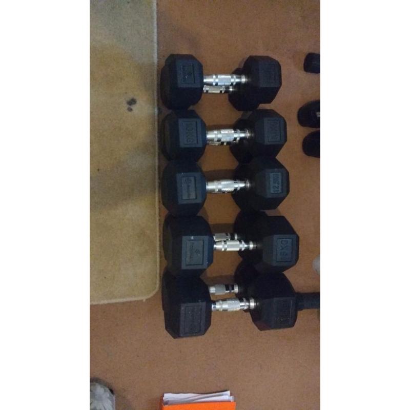 Dumbbell pairs - 6kg, 8kg, 10kg, 12.5kg, 15kg, 17.5kg, dumbbell tree and ab roller