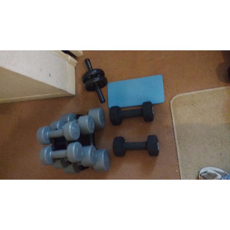 Dumbbell pairs - 6kg, 8kg, 10kg, 12.5kg, 15kg, 17.5kg, dumbbell tree and ab roller