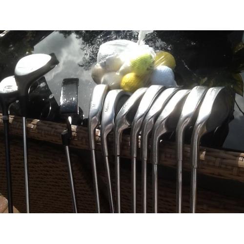 Full set of left handed golf clubs trolly & bag ( masters Gold )