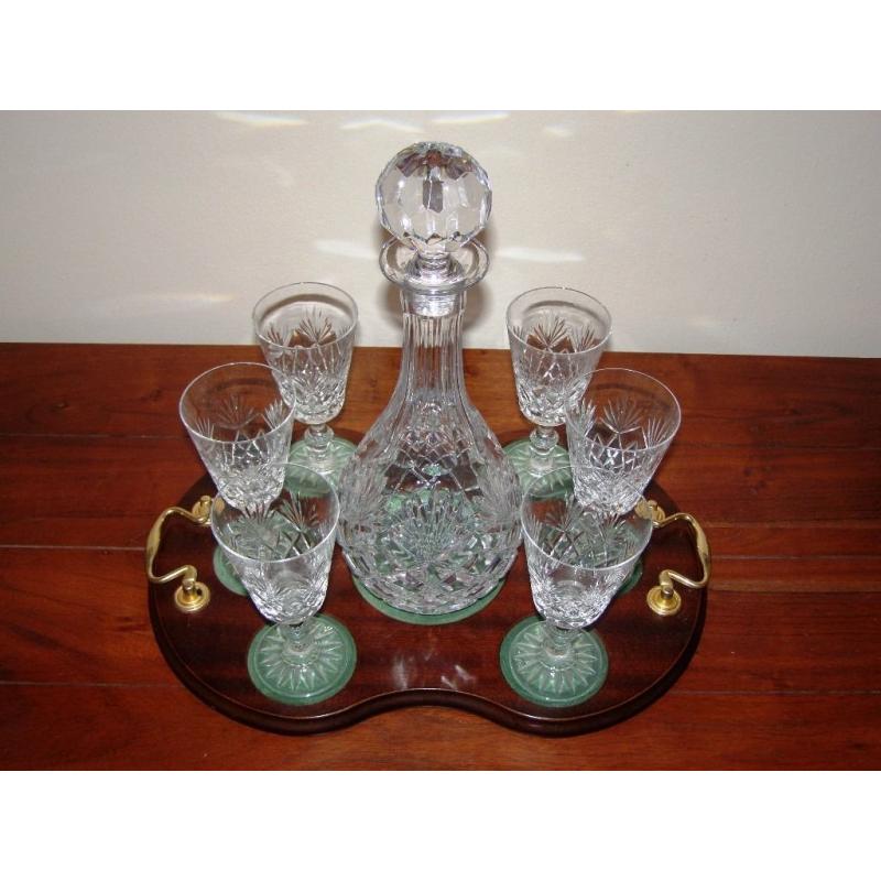 Wine Lead Crystal Fully Cut Decanter & 6 glasses Tray Set