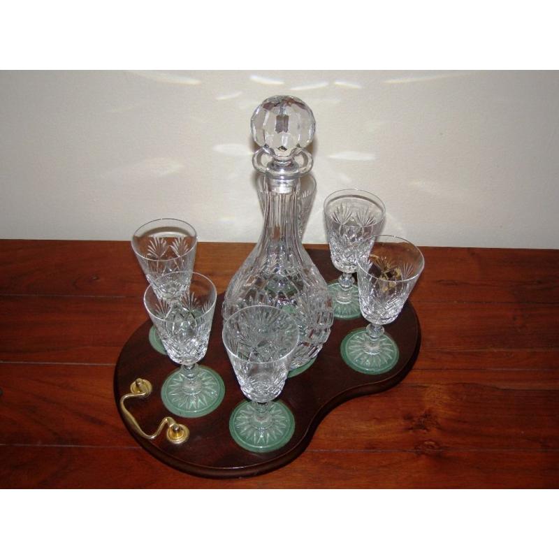 Wine Lead Crystal Fully Cut Decanter & 6 glasses Tray Set