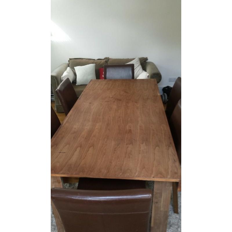 John lewis solid wood dining table with 6 faux leather chairs