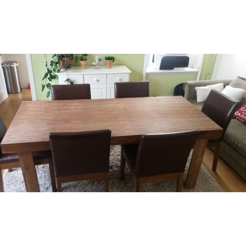 John lewis solid wood dining table with 6 faux leather chairs