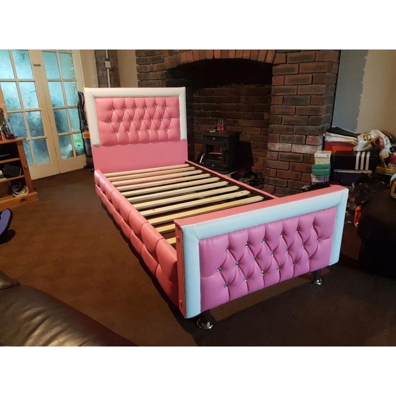 3FT Single Luxury Pink Princess Crystal Diamond Bed Extra Padding Faux Leather