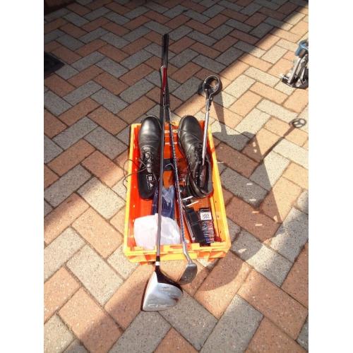 Driver, putter, size 9 shoes, telescopic golf ball remover, viewfinder, golf balls and golf tees.