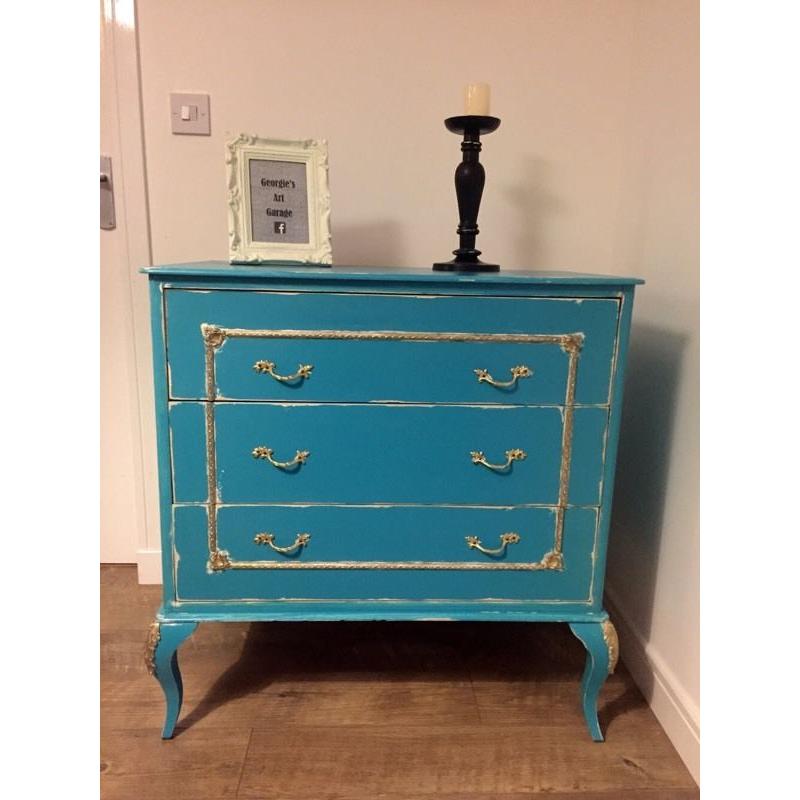 Unique French style chest of drawers finished in chalk turqoise