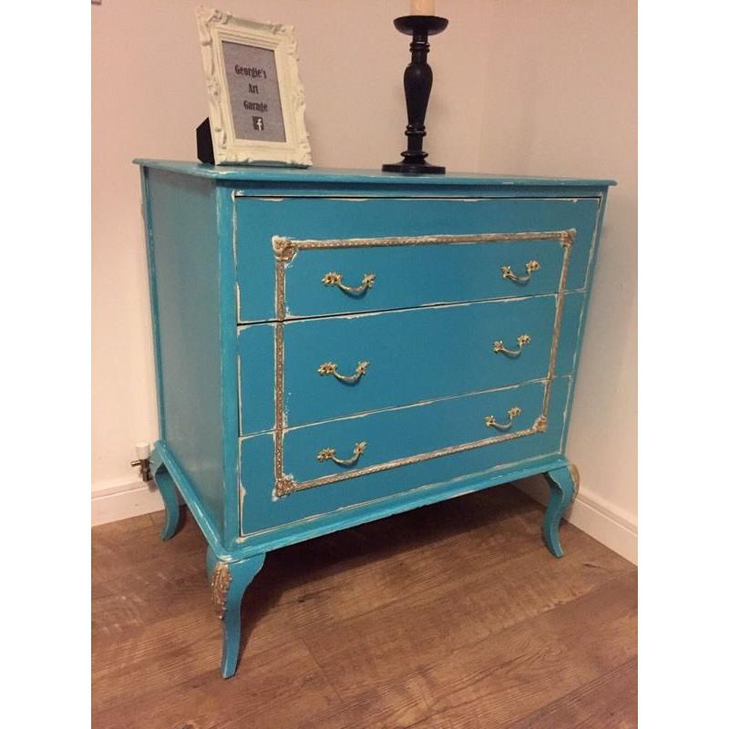 Unique French style chest of drawers finished in chalk turqoise