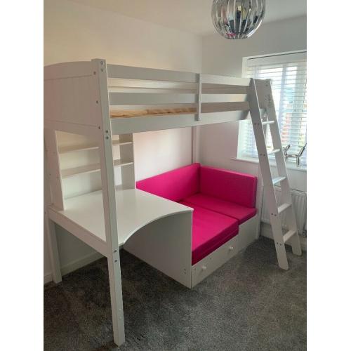 Bunk bed, sofa/sofa bed, desk.